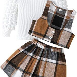 Stylish Toddler Girl Winter Outfit: Button-Down Vest, Top & Plaid Skirt Set